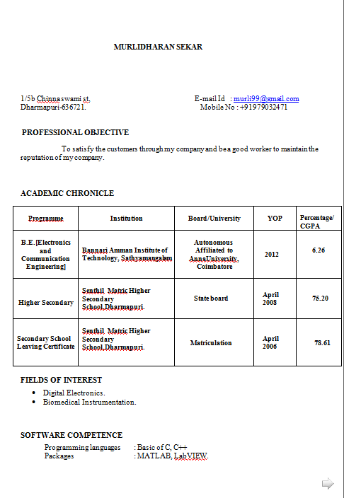 Latest resume format for mechanical engg freshers